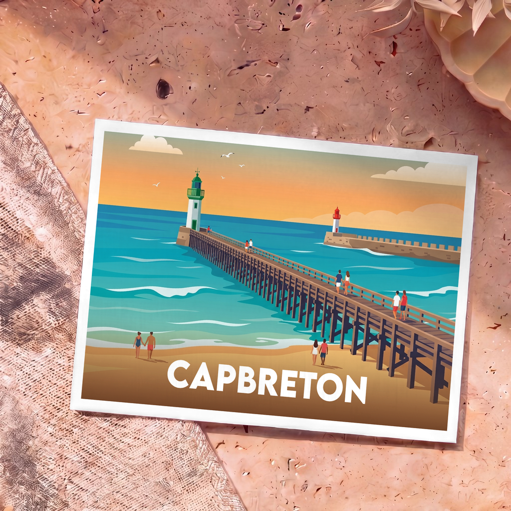 Carte postale souvenir de la ville de Capbreton avec une illustration stylisée de son estacade au coucher du soleil.