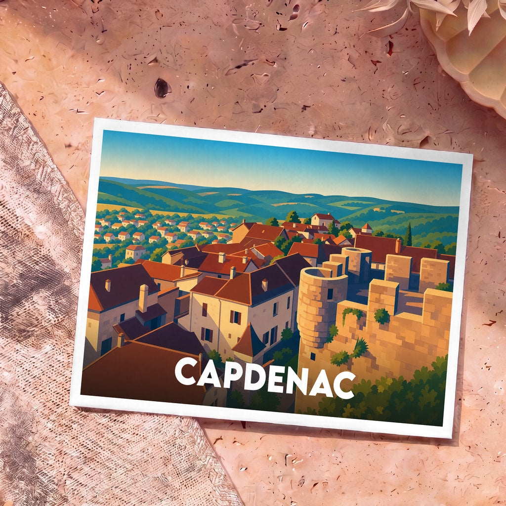 Carte postale souvenir de la ville de Capdenac avec une illustration stylisée montrant ses remparts et ses toits pittoresques.