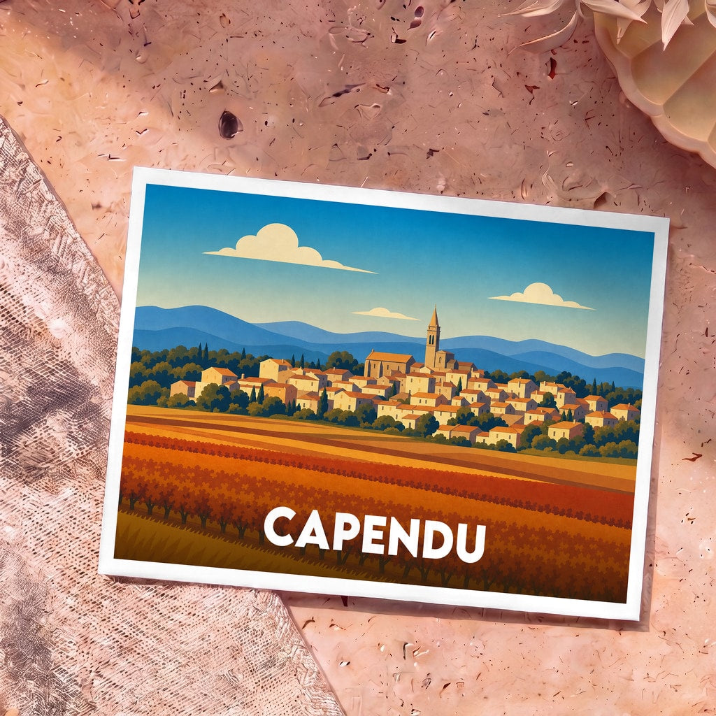 Carte postale souvenir de la ville de Capendu avec une illustration stylisée d'un village et de vignobles.