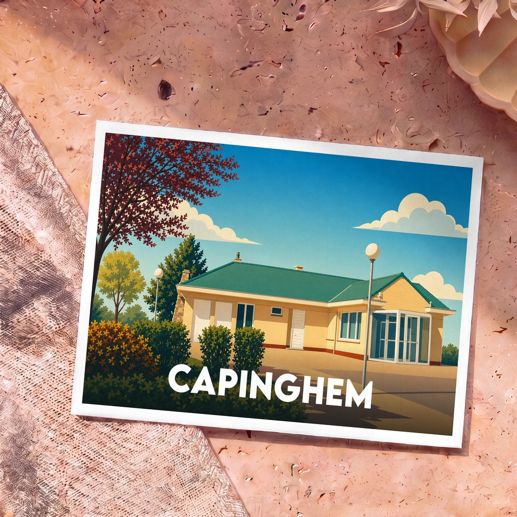 Carte postale souvenir de la ville de Capinghem avec une illustration stylisée d'une maison sous un ciel bleu.