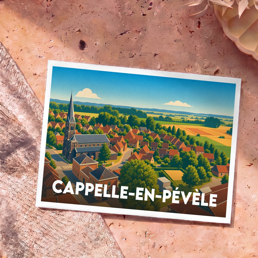 Carte postale souvenir de la ville de Cappelle-en-Pévèle avec une illustration stylisée.