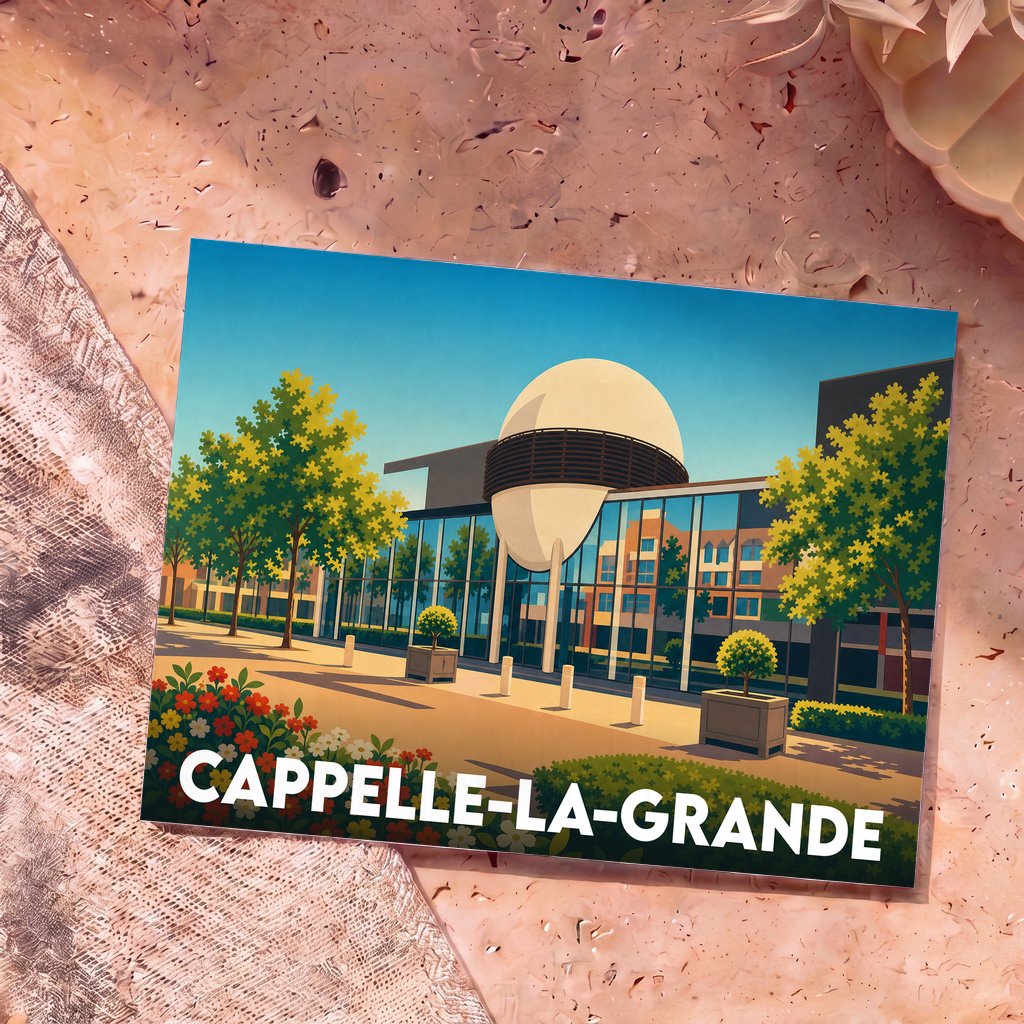 Carte postale souvenir de la ville de Cappelle-la-Grande illustrant le Palais de l'Univers et des Sciences.