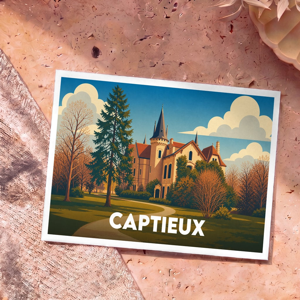 Carte postale souvenir de la ville de Captieux illustrant un château entouré de nature dans un style rétro.