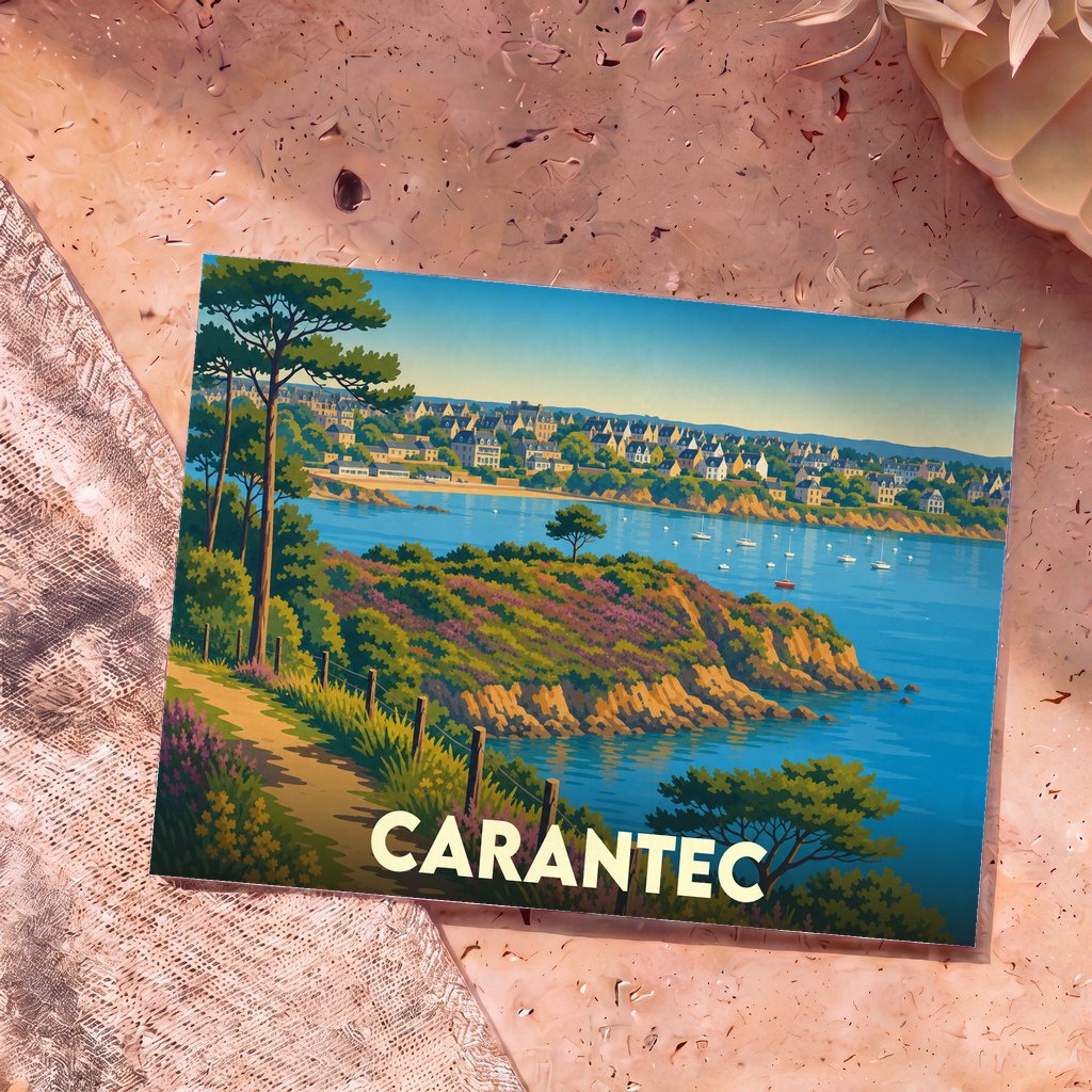 Carte postale souvenir de la ville de Carantec avec une illustration stylisée de son littoral.