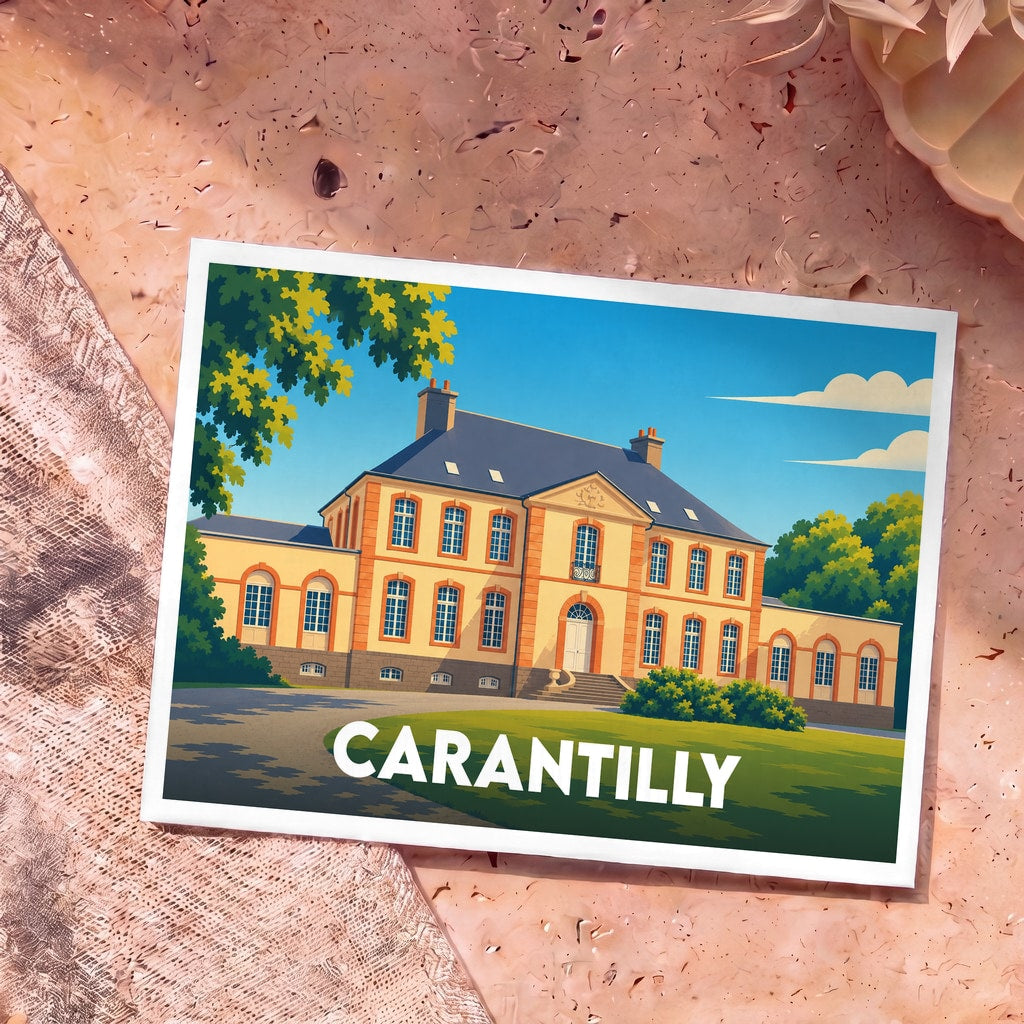 Carte postale souvenir de la ville de Carantilly illustrant un château majestueux dans un style graphique épuré.