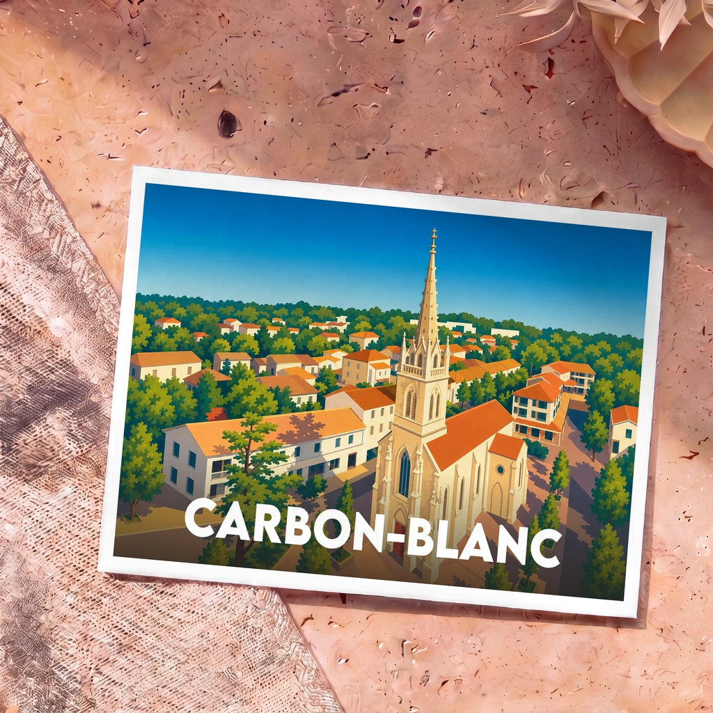 Carte postale souvenir de la ville de Carbon-Blanc avec une illustration stylisée montrant son église et ses toits orangés.
