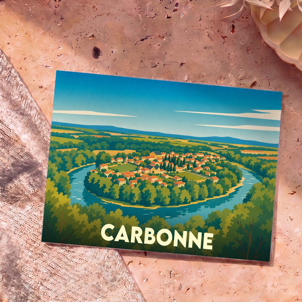 Carte postale souvenir de la ville de Carbonne représentant une vue aérienne illustrée du village entouré par le méandre d'un fleuve.