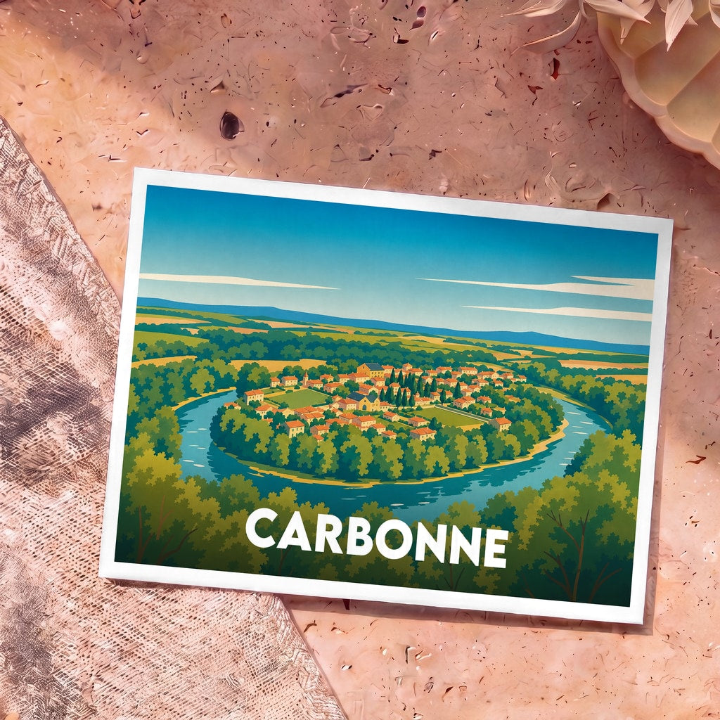 Carte postale souvenir de la ville de Carbonne avec une illustration stylisée représentant un village niché dans une boucle de rivière.