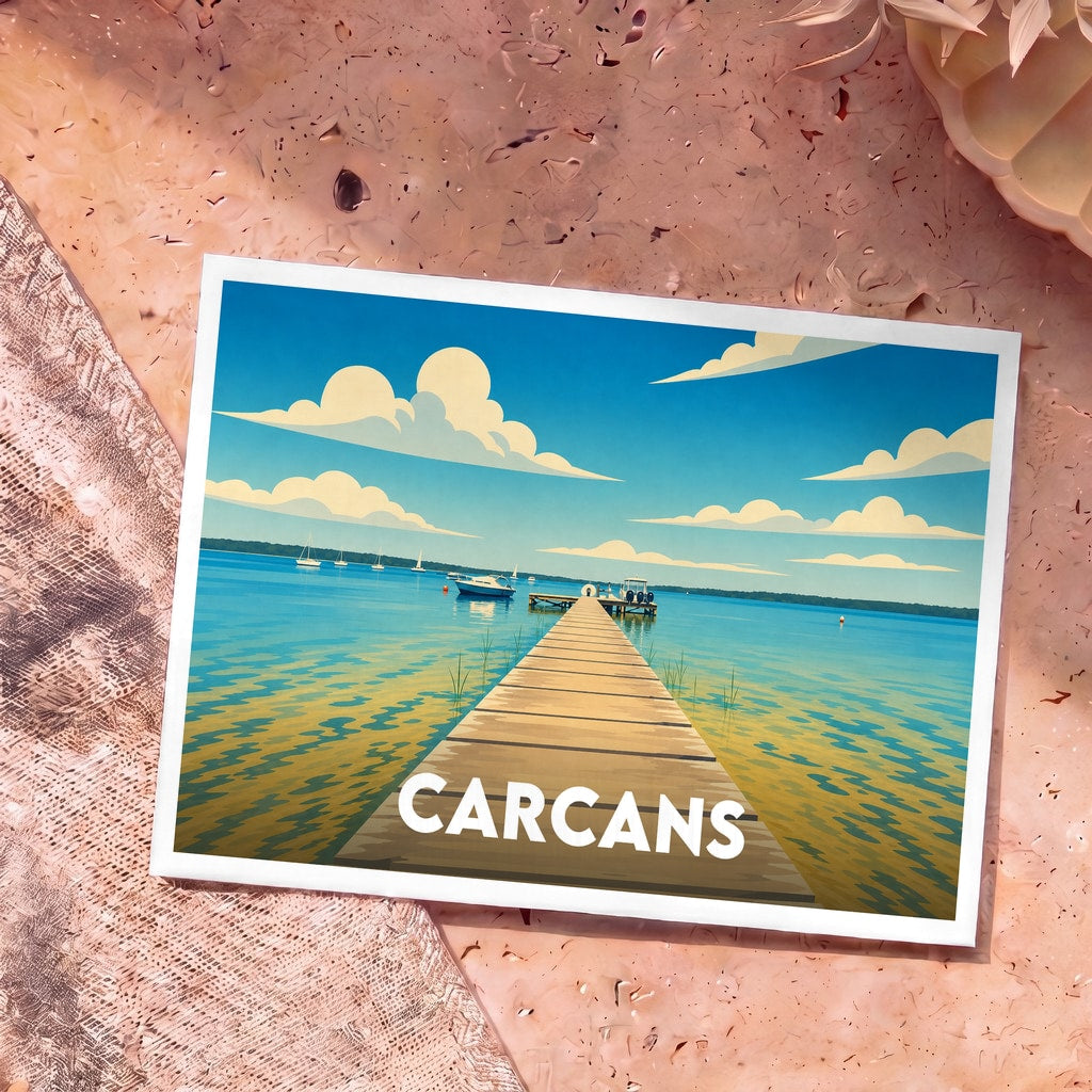 Carte postale souvenir de la ville de Carcans avec une illustration stylisée d'un ponton sur le lac.
