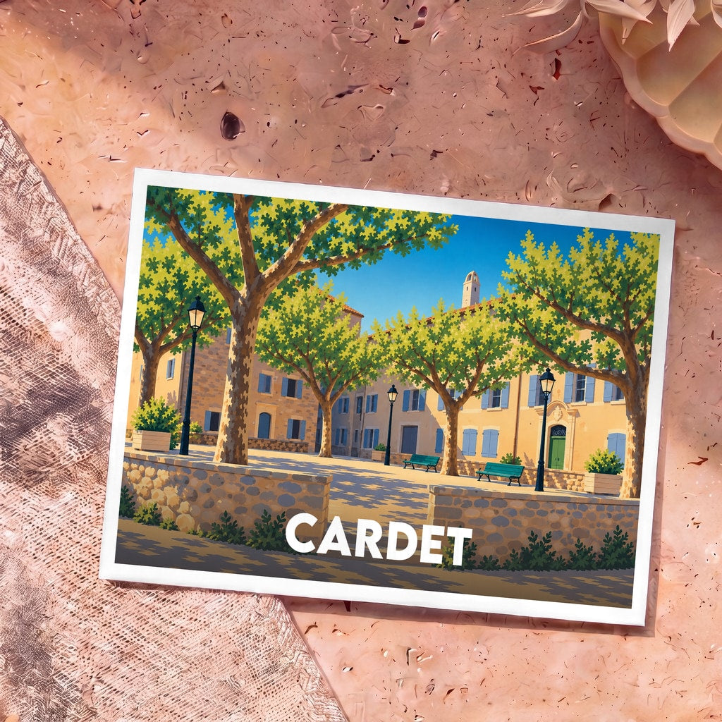 Carte postale souvenir de la ville de Cardet illustrant une place ensoleillée bordée d'arbres et de bâtiments anciens.