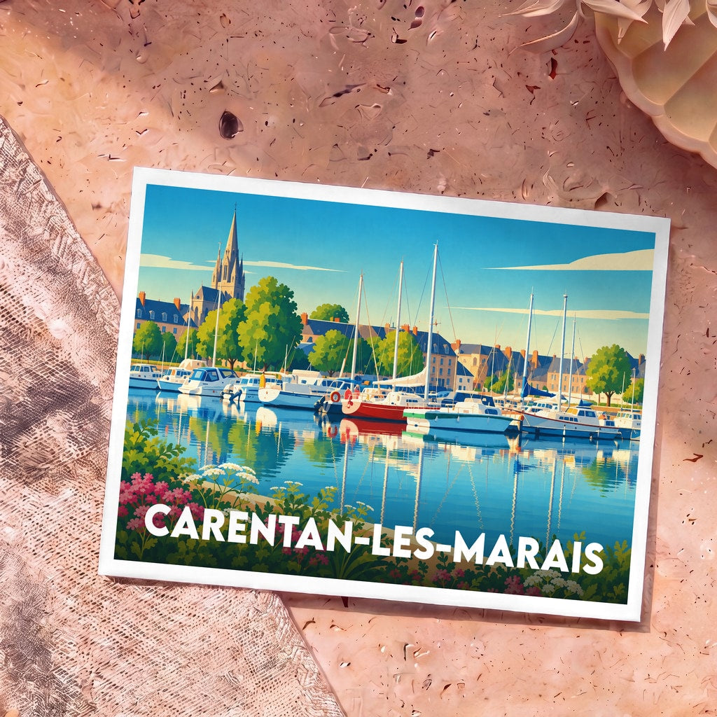 Carte postale souvenir de la ville de Carentan-les-Marais illustrant son port de plaisance avec un style graphique coloré.
