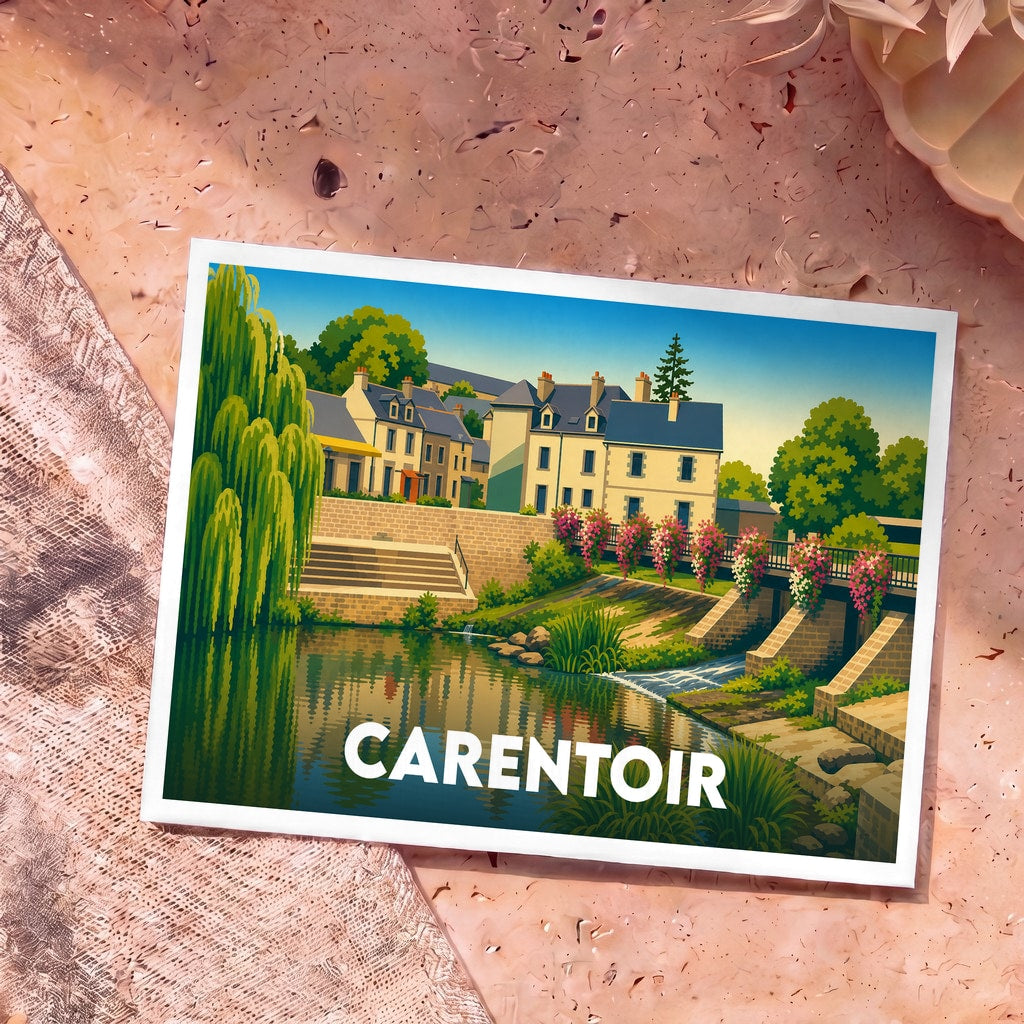 Carte postale souvenir de la ville de Carentoir avec une illustration stylisée d'un bord de rivière fleuri.