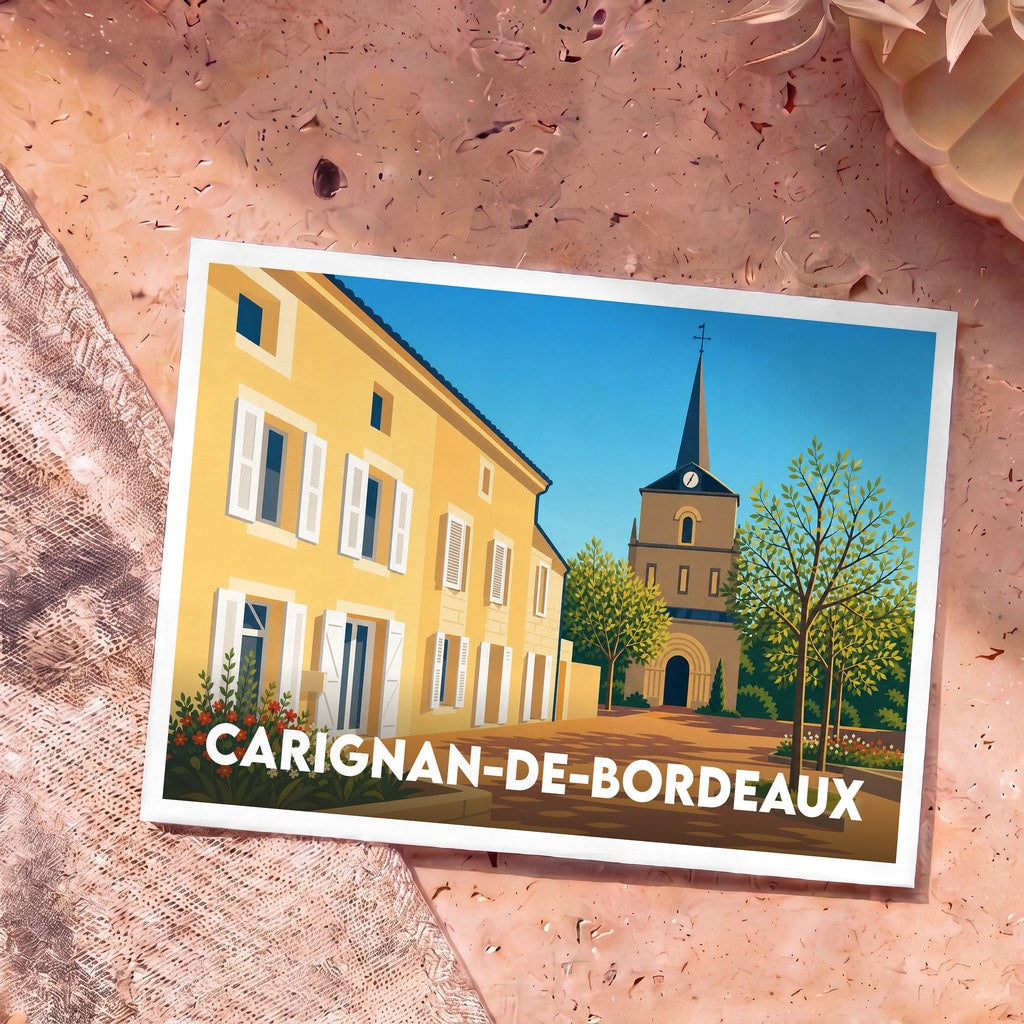 Carte postale souvenir de la ville de Carignan-de-Bordeaux avec une illustration stylisée de son église et d'une maison traditionnelle.