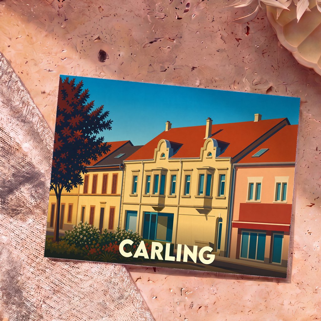 Carte postale souvenir de la ville de Carling avec une illustration stylisée d'une rue colorée.