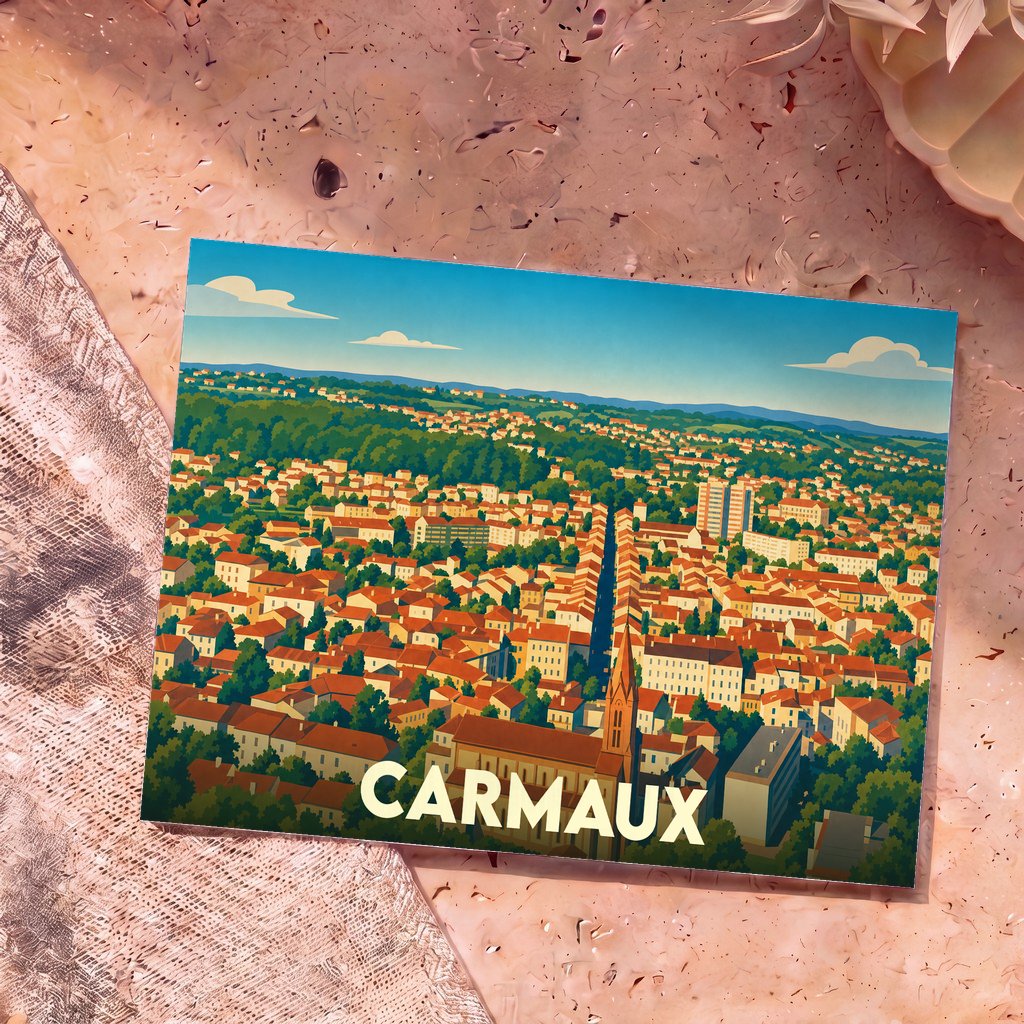 Carte postale souvenir de la ville de Carmaux avec une illustration stylisée et colorée vue du ciel.