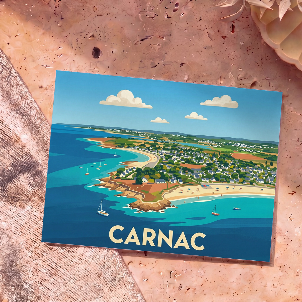 Carte postale souvenir de la ville de Carnac avec une illustration stylisée vue du ciel de ses côtes et de ses plages.
