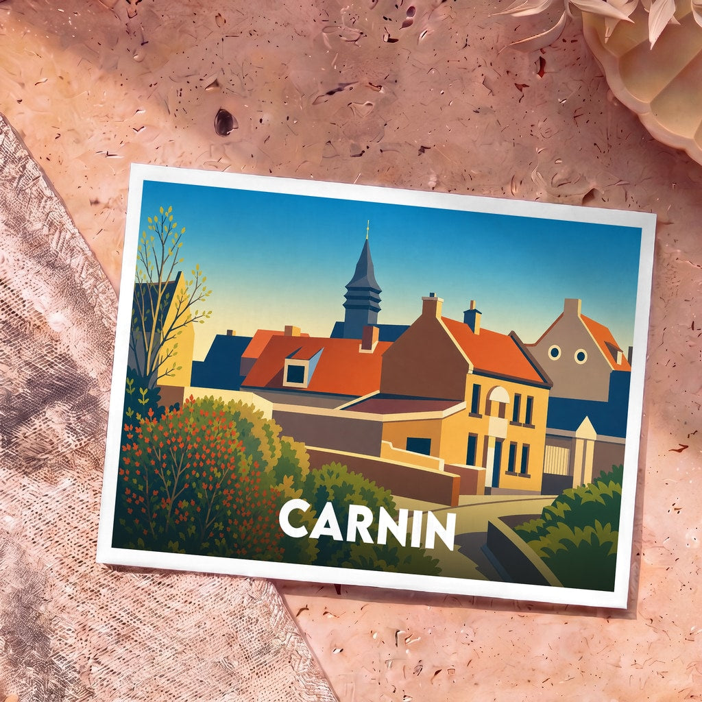 Carte postale souvenir de la ville de Carnin avec une illustration stylisée et colorée.