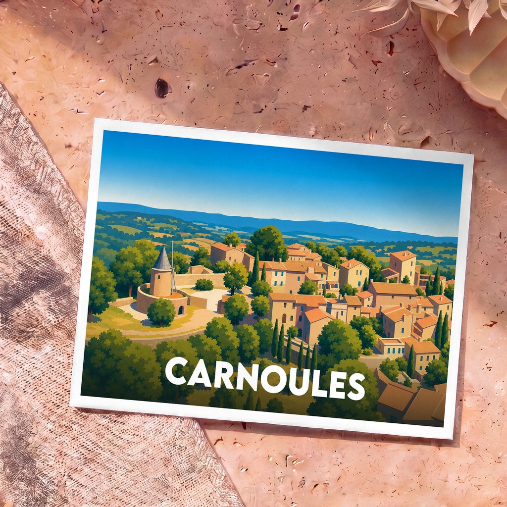 Carte postale souvenir de la ville de Carnoules avec une illustration stylisée de ses paysages et habitations.
