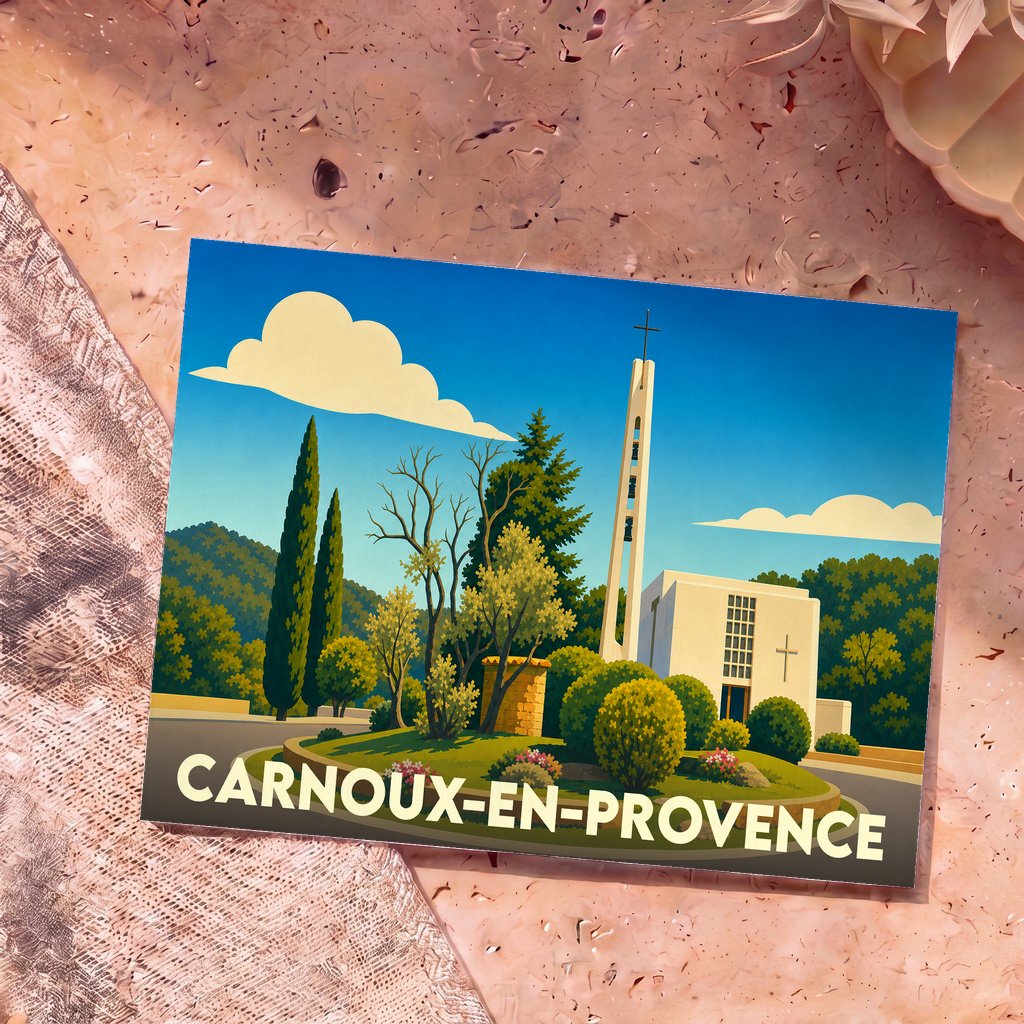 Carte postale souvenir de la ville de Carnoux-en-Provence avec une illustration stylisée de son église et de sa tour.