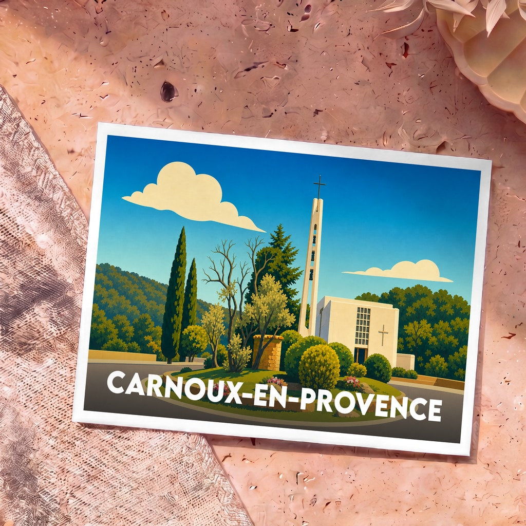 Carte postale souvenir de la ville de Carnoux-en-Provence avec une illustration stylisée de son église et de sa tour.