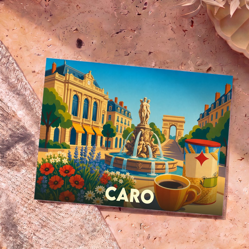 Carte postale souvenir de la ville de Caro présentant une illustration stylisée d'une place animée avec fontaine et monuments.
