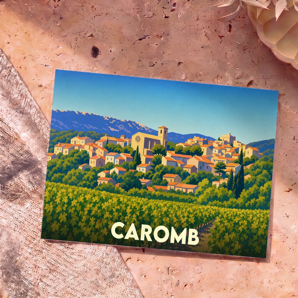 Carte postale souvenir de la ville de Caromb avec une illustration stylisée d'un village provençal et ses vignobles.