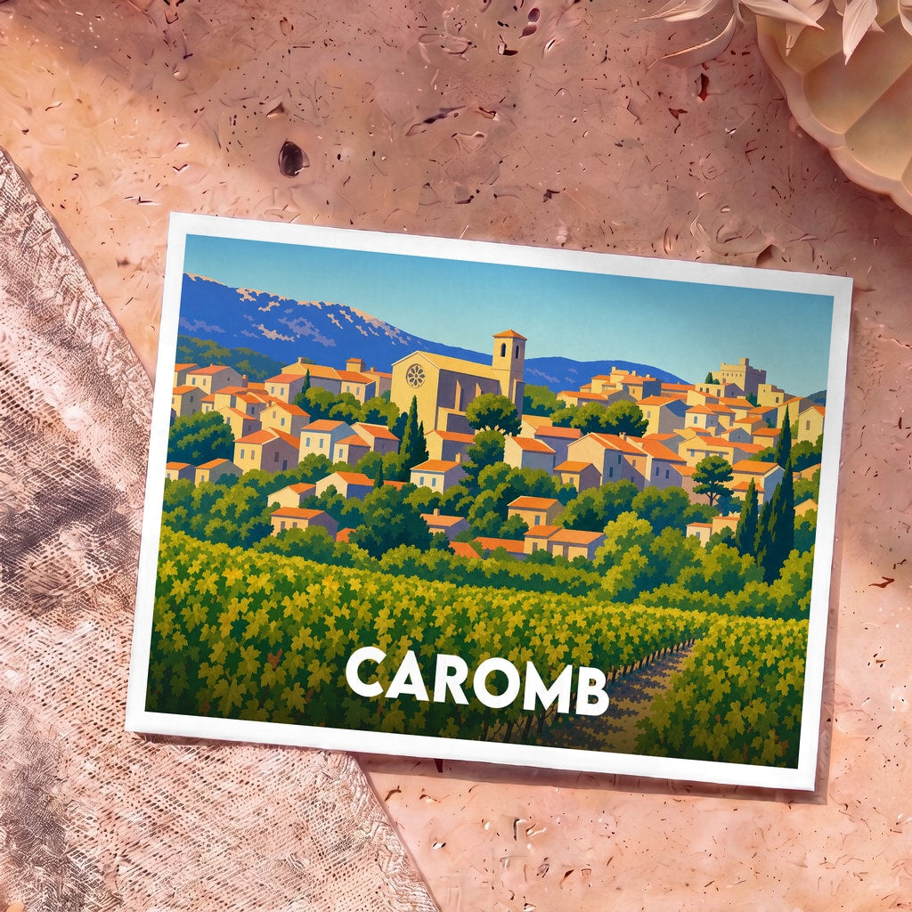 Carte postale souvenir de la ville de Caromb présentant une illustration stylisée de son village perché et de ses vignobles.
