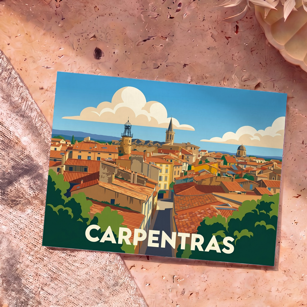 Carte postale souvenir de la ville de Carpentras avec une illustration stylisée et colorée de ses toits.