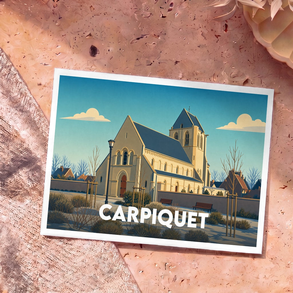 Carte postale souvenir de la ville de Carpiquet avec une illustration stylisée de son église.