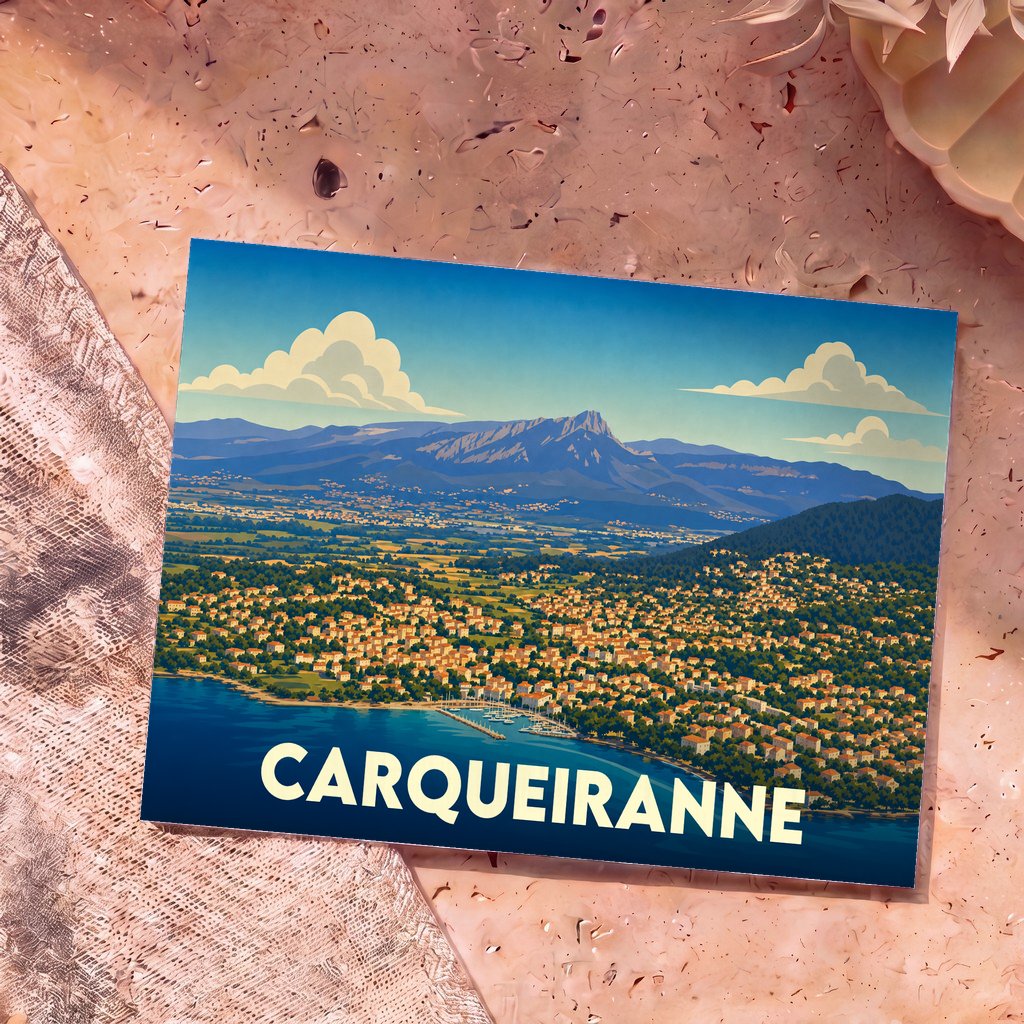 Carte postale souvenir de la ville de Carqueiranne avec une illustration stylisée d'un paysage côtier surplombé par des montagnes.