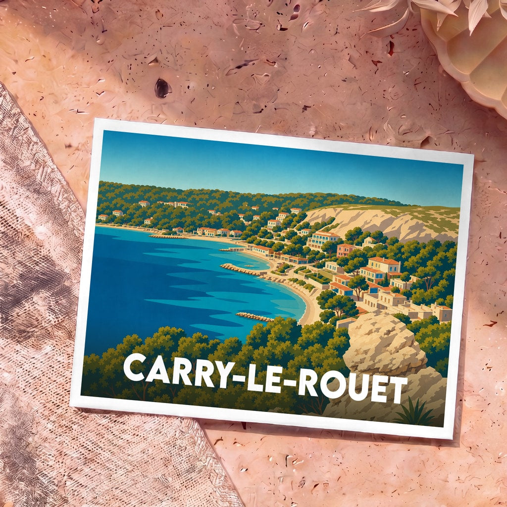 Carte postale souvenir de la ville de Carry-le-Rouet avec une illustration stylisée de son littoral méditerranéen.