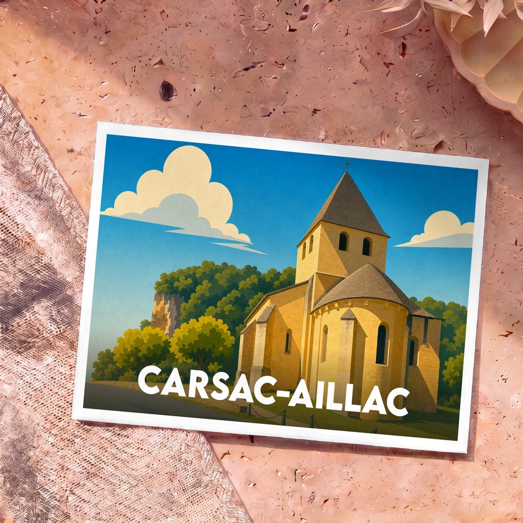 Carte postale souvenir de la ville de Carsac-Aillac illustrant une église romane dans un style graphique épuré.