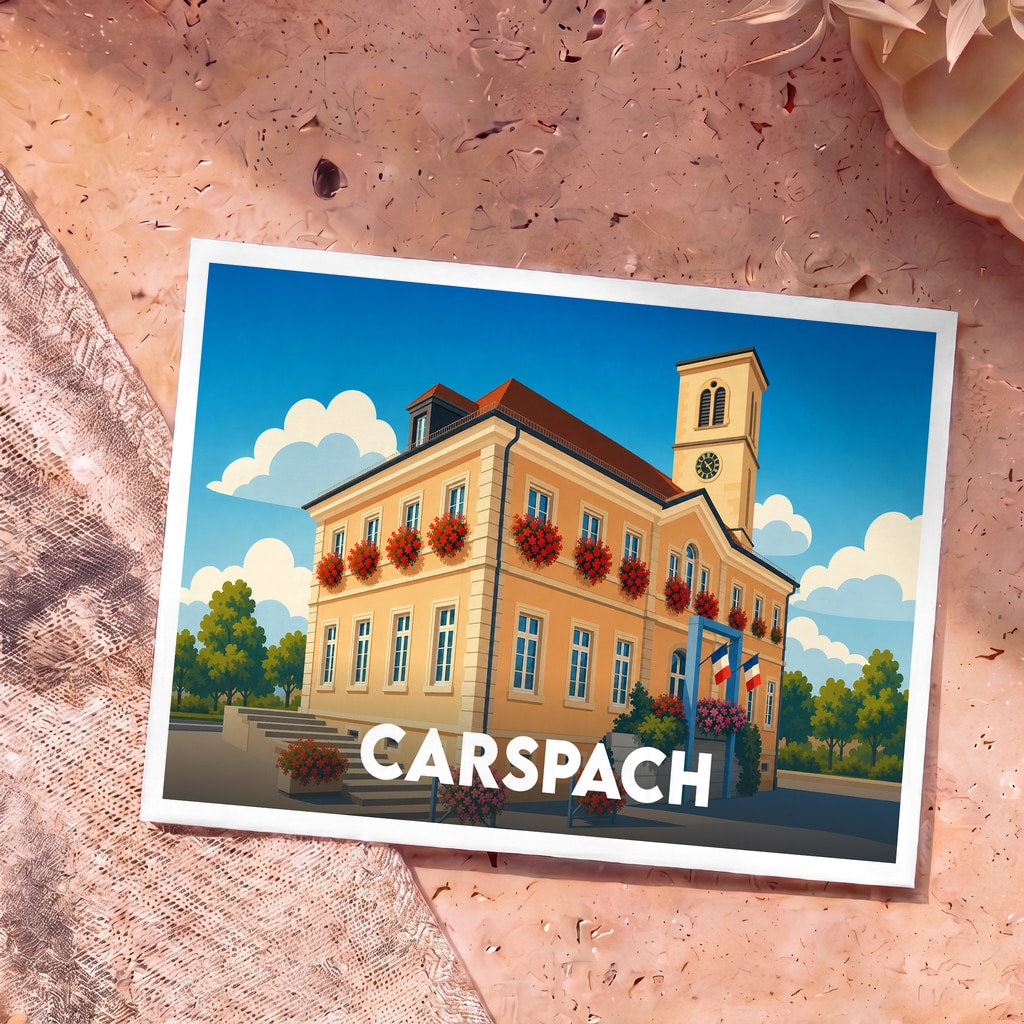 Carte postale souvenir de la ville de Carspach avec une illustration stylisée de sa mairie fleurie.