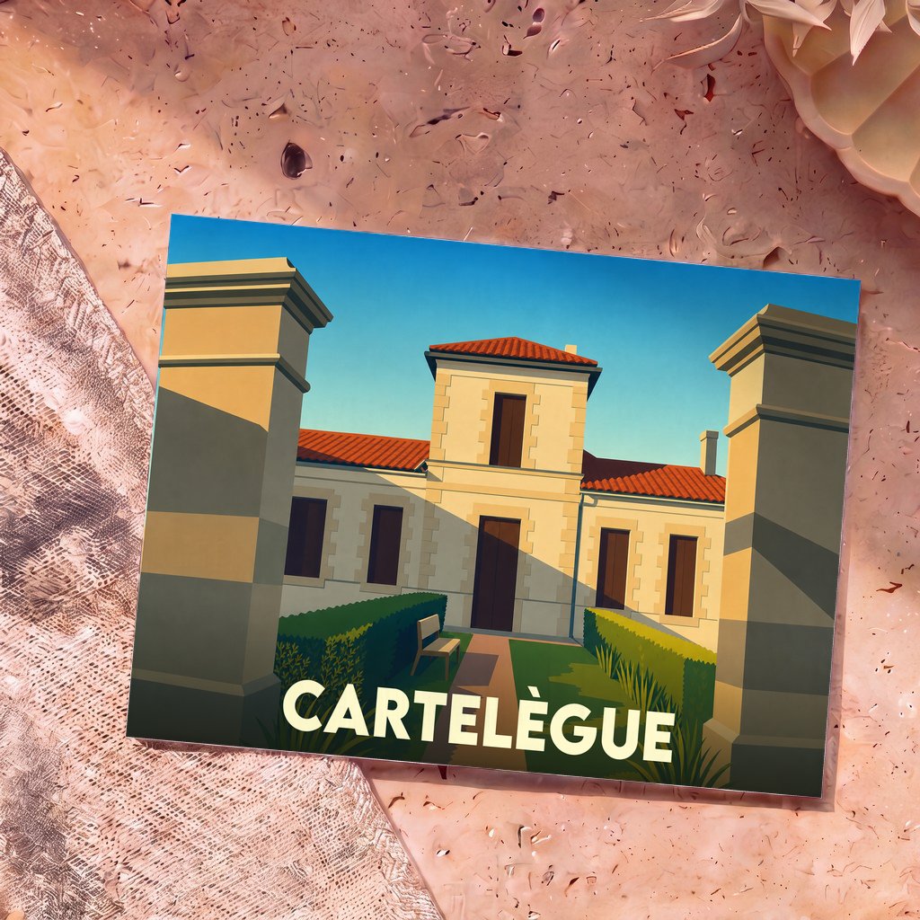 Carte postale souvenir de la ville de Cartelègue avec une illustration stylisée d'un bâtiment historique entre deux piliers.