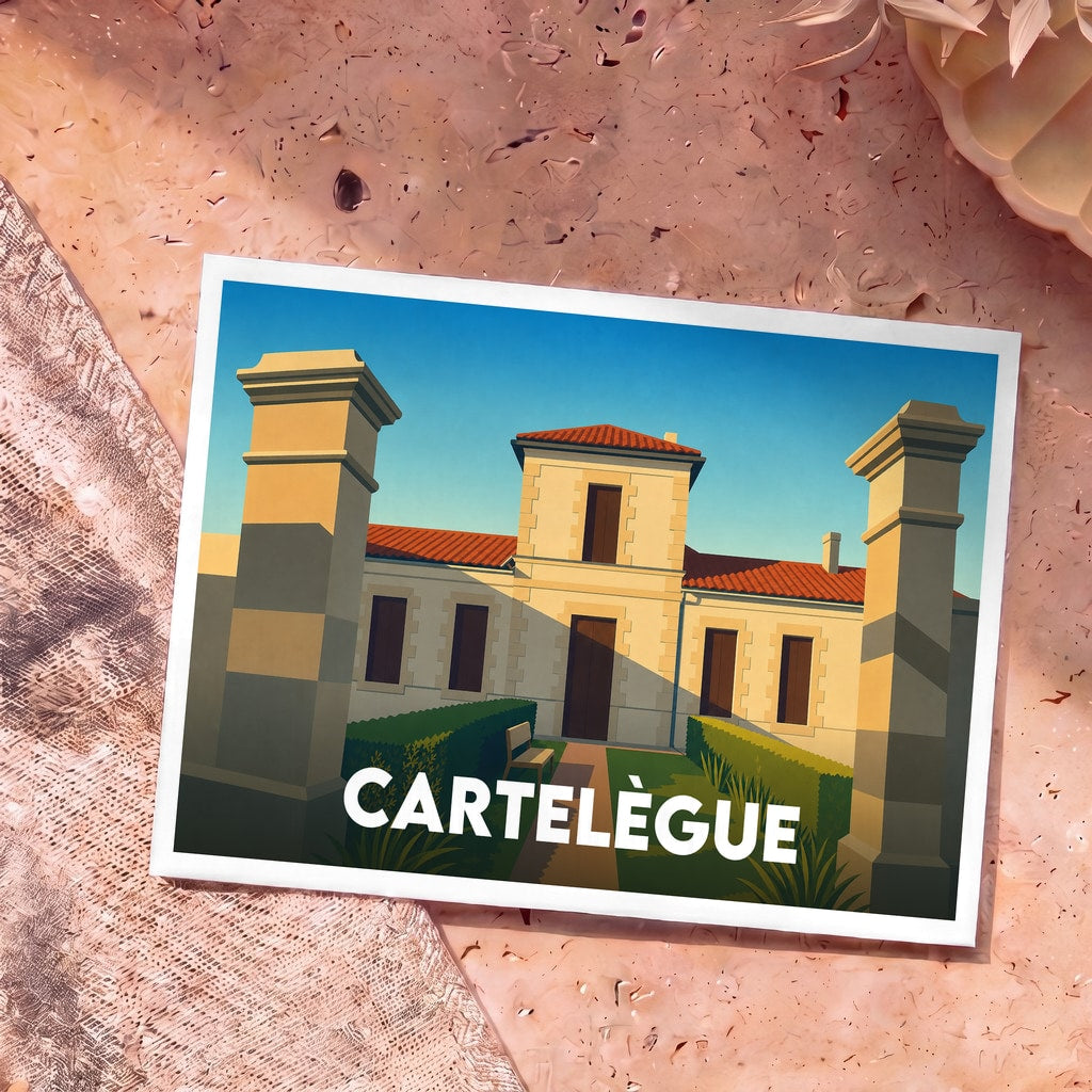 Carte postale souvenir de la ville de Cartelègue avec une illustration stylisée d'un bâtiment historique entre deux piliers.