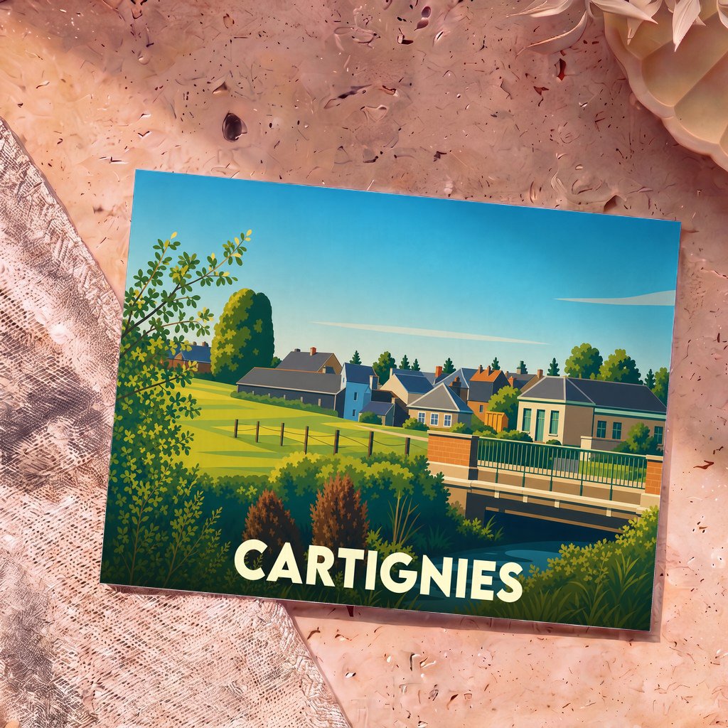 Carte postale souvenir de la ville de Cartignies avec une illustration stylisée.