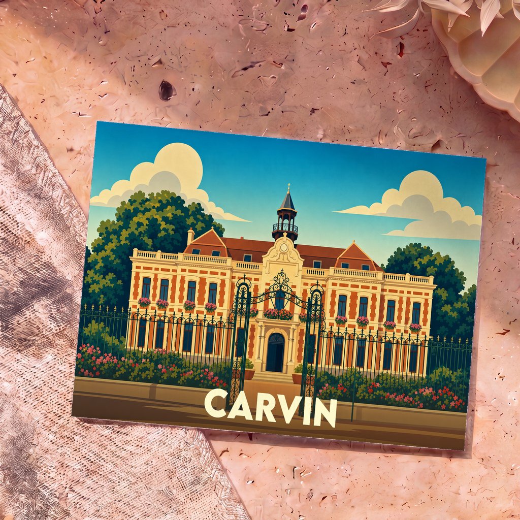Carte postale souvenir de la ville de Carvin avec une illustration stylisée de son hôtel de ville.