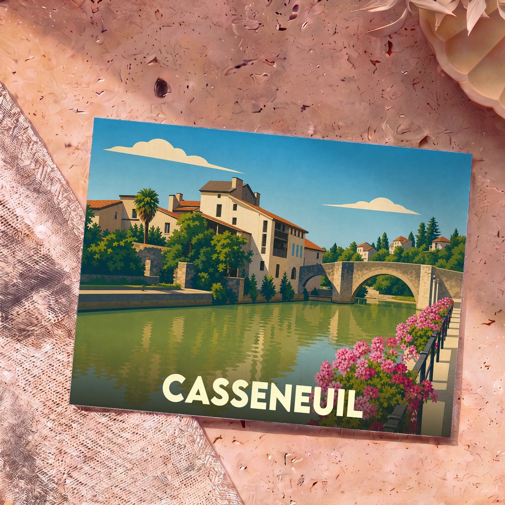 Carte postale souvenir de la ville de Casseneuil avec une illustration stylisée d'un pont de pierre et de maisons au bord de l'eau.