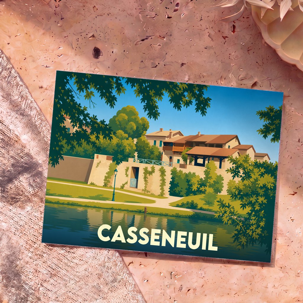 Carte postale souvenir de la ville de Casseneuil avec une illustration stylisée des bords de la Lède.