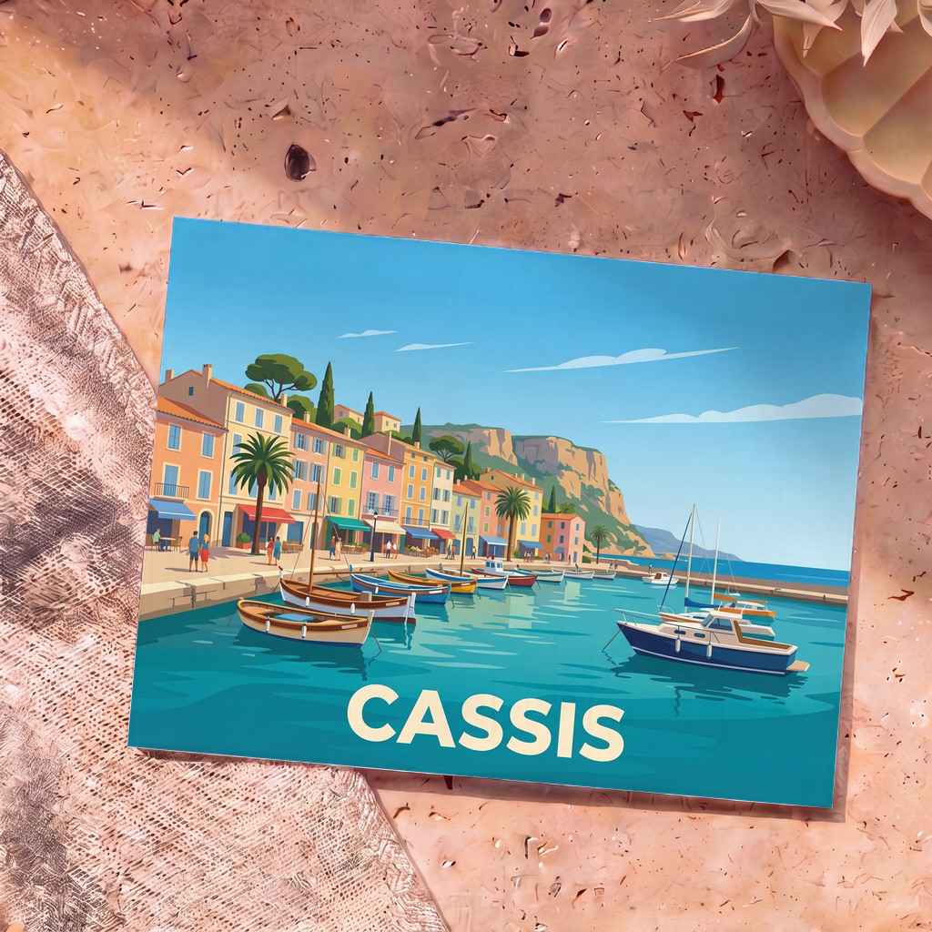 Carte postale souvenir de la ville de Cassis avec une illustration stylisée de son port coloré.