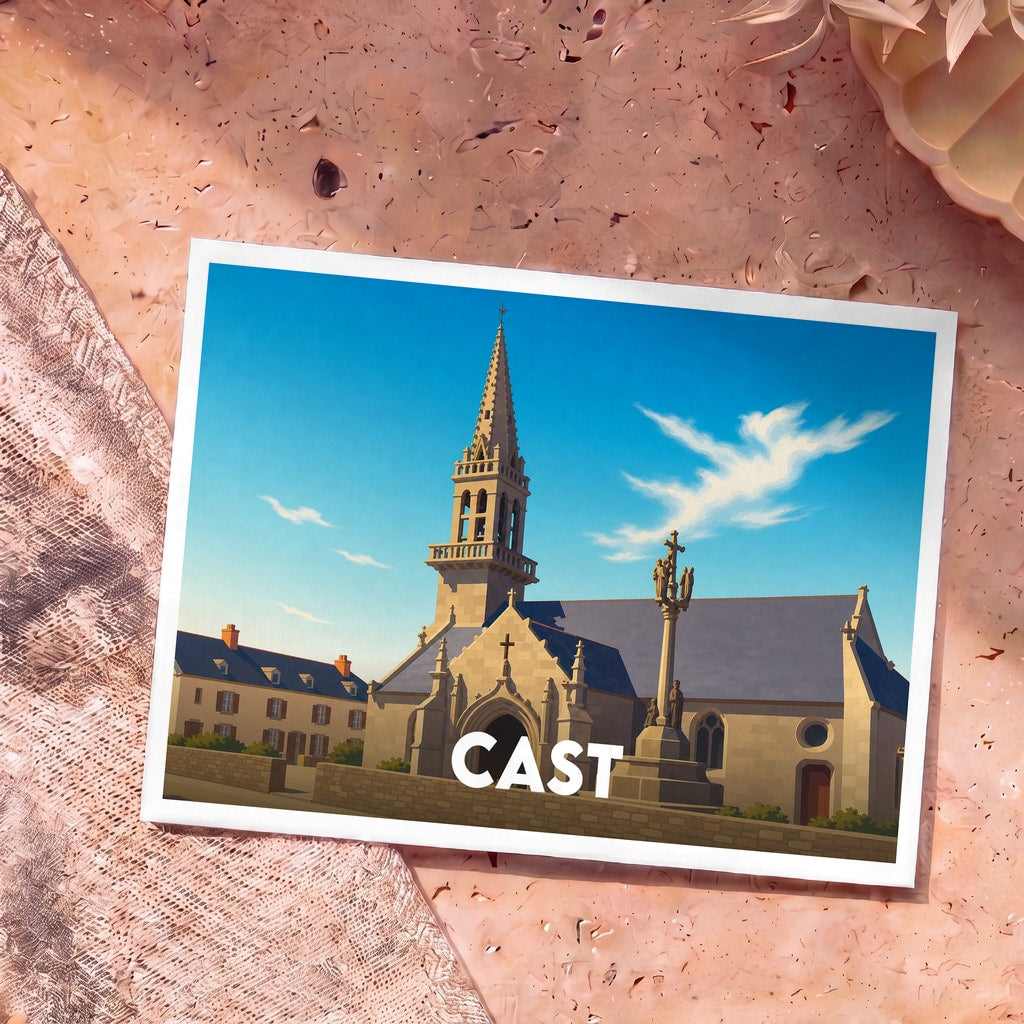 Carte postale souvenir de la ville de Cast avec une illustration stylisée de son église.