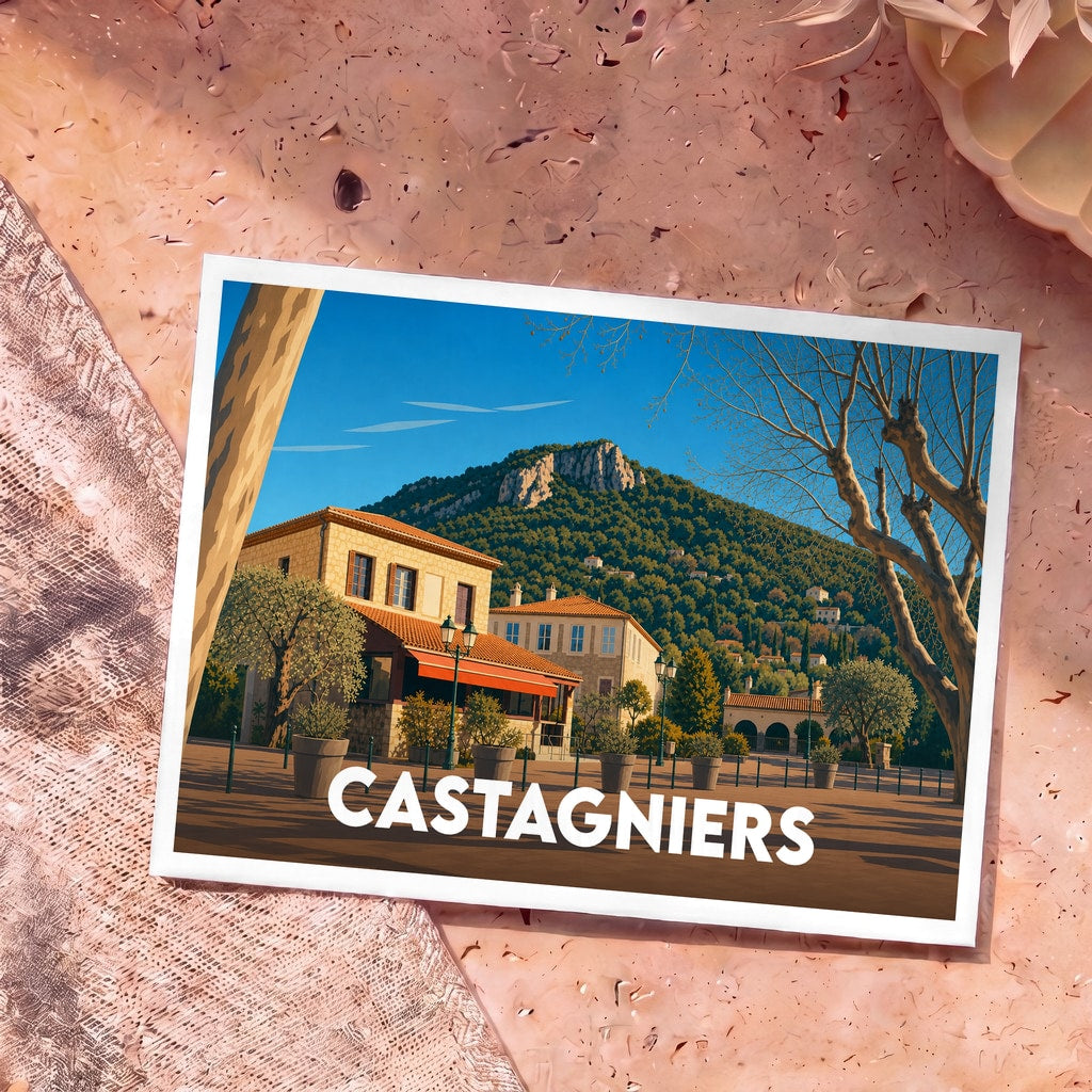 Carte postale souvenir de la ville de Castagniers avec une illustration stylisée d'un village provençal au pied d'une montagne.