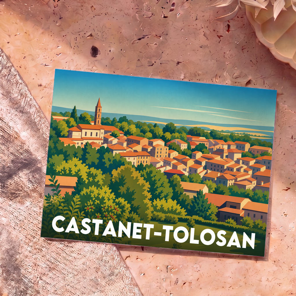 Carte postale souvenir de la ville de Castanet-Tolosan avec une illustration stylisée d'un village occitan.
