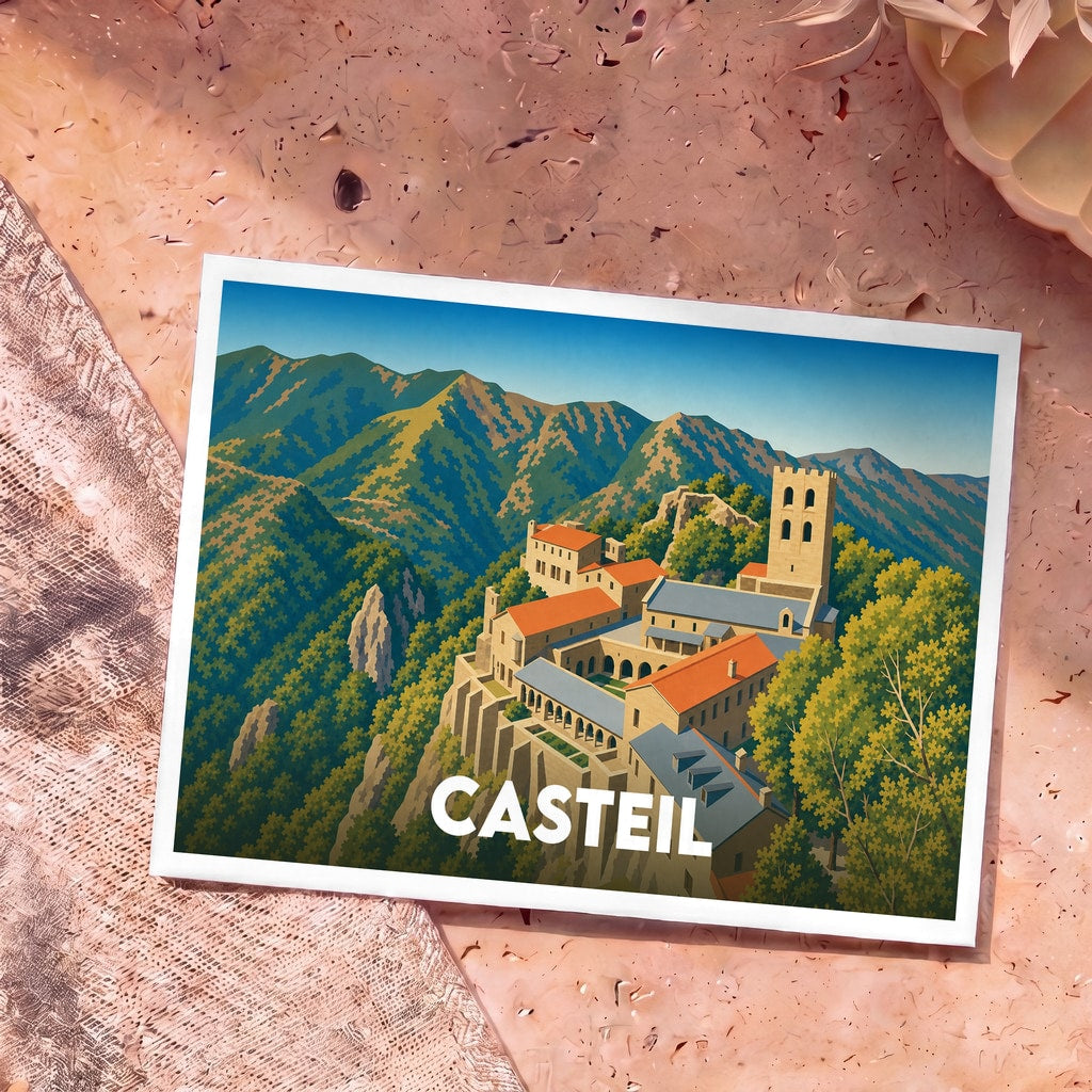 Carte postale souvenir de la ville de Casteil illustrant l'abbaye Saint-Martin du Canigou dans un style graphique épuré.