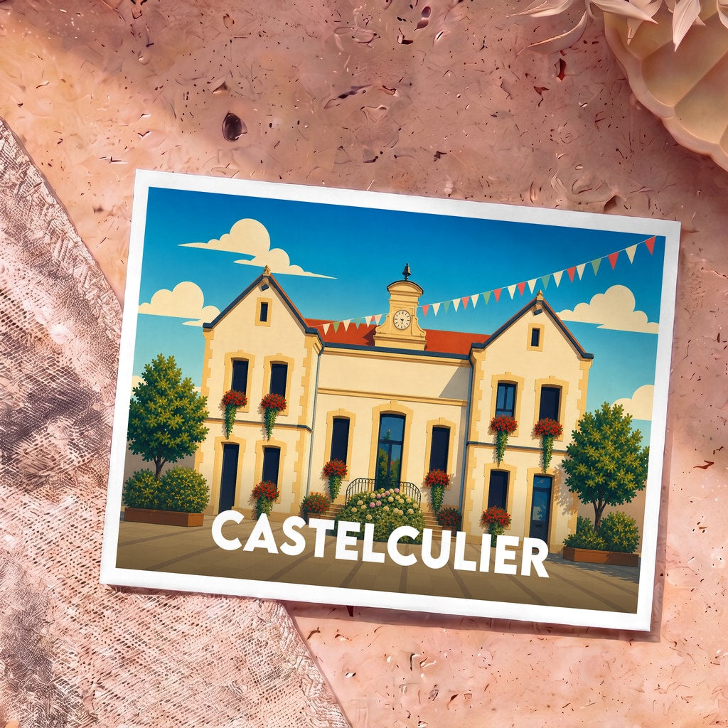 Carte postale souvenir de la ville de Castelculier avec une illustration stylisée de sa mairie fleurie.
