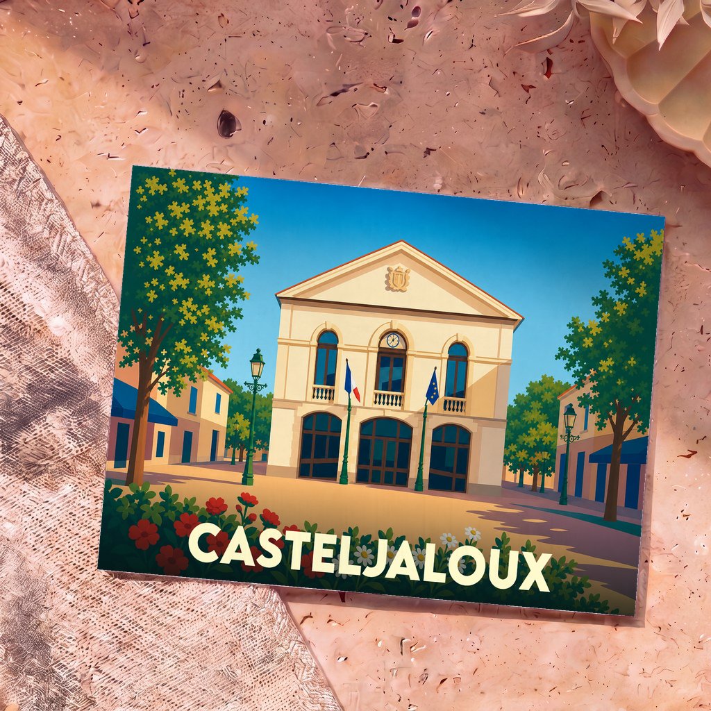 Carte postale souvenir de la ville de Casteljaloux avec une illustration stylisée de son hôtel de ville.