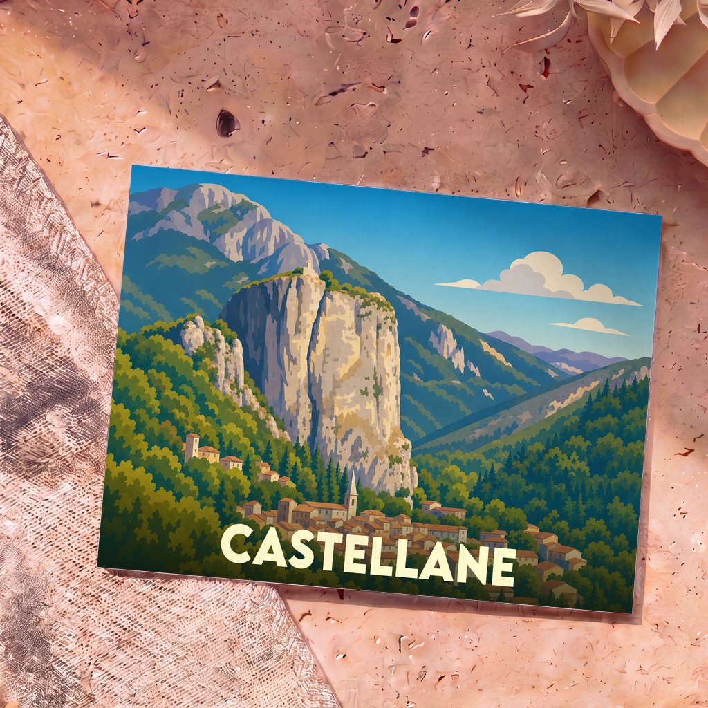 Carte postale souvenir de la ville de Castellane avec une illustration stylisée de son célèbre rocher surplombant le village.