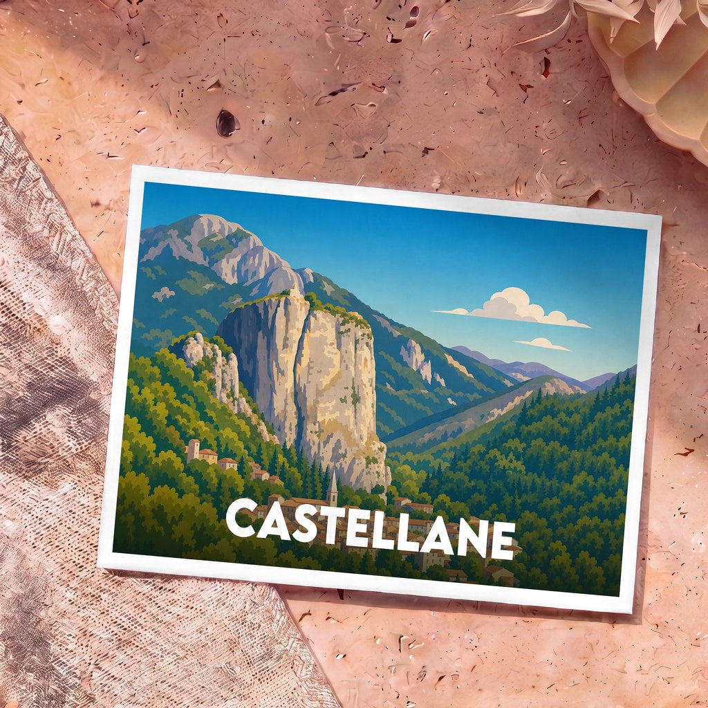 Carte postale souvenir de la ville de Castellane avec une illustration stylisée de son célèbre rocher surplombant le village.