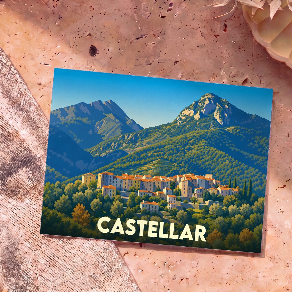 Carte postale souvenir de la ville de Castellar avec une illustration stylisée d'un village de montagne.