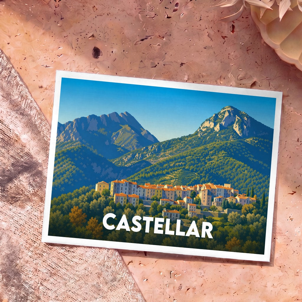 Carte postale souvenir de la ville de Castellar avec une illustration stylisée d'un village de montagne.